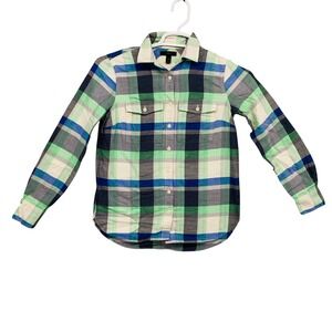 J.Crew Womens Size 00 Plaid Button Down Shirt Green Blue Grey Long Sleeve Pocket